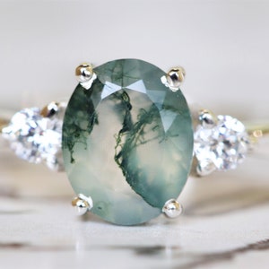 Natural Oval Moss Agate with moissanite engagement Ring Natural Moss Ring 14k White Gold Gift For Her Green Moss gemstone three stone ring image 8