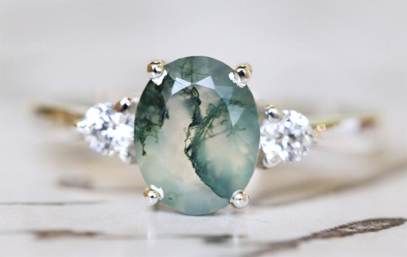 Natural Oval Moss Agate with moissanite engagement Ring Natural Moss Ring 14k White Gold Gift For Her Green Moss gemstone three stone ring image 8