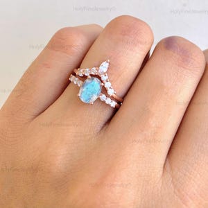 Natural Oval cut blue labradorite engagement ring set, stacking matching band, vintage diamond bridal ring set, promise ring for women, gift