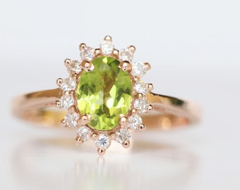 Natural Oval Shape Peridot halo engagement ring solid 14k rose gold peridot art deco august birthstone custom ring green peridot jewelry