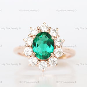 Natural Oval cut Emerald with moissanite halo Engagement Ring Unique Oval Emerald Promise Ring/May Birthstone Emerald Anniversary Ring