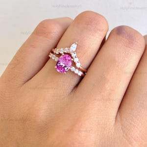 Art Deco Pink Sapphire Engagement Ring Set, Vintage Rose Gold Oval Sapphire Wedding Bridal Set, Dainty Promise Ring For Women, Gift For Her