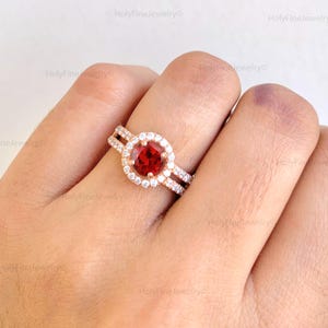 Natural Round Red Garnet Ring For Women, Vintage Rose Gold Garnet Engagement Ring, Diamond Double Band Promise Ring, Birthday Gift For Her