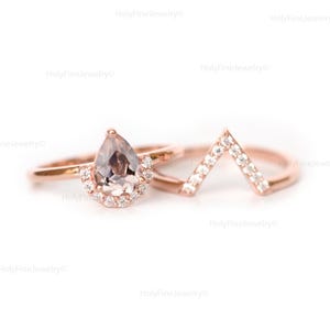 Natural Pear Morganite Promise Ring, Teardrop Morganite Engagement Ring Set For Women, Morganite Diamond Band, Bridal Ring Set, Gift For Her