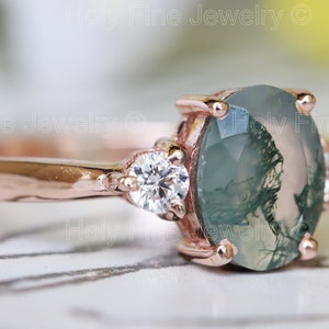 Natural Oval Moss Agate with moissanite engagement Ring Natural Moss Ring 14k White Gold Gift For Her Green Moss gemstone three stone ring image 4