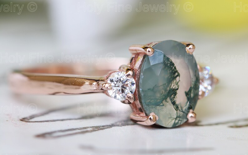 Natural Oval Moss Agate with moissanite engagement Ring Natural Moss Ring 14k White Gold Gift For Her Green Moss gemstone three stone ring image 4
