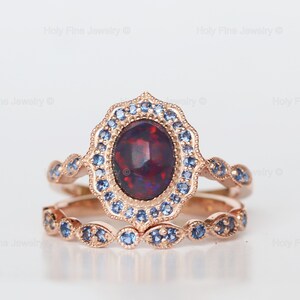 Natürlicher Schwarzer Opal Verlobungsring Set Roségold Saphir Art Deco Hochzeit Vintage Antique Antique Antique Antique Antique Antique Antique Antique Antique Antique Antique Antique Hand Vintage Rings