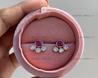 Natural Ruby Gemstone Earrings, Ruby Oval Earrings, Wedding Diamond Earrings For Her, Multistone Earrings, Bridesmaid Jewelry