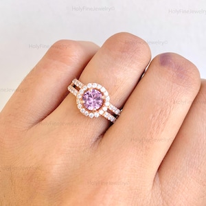 Vintage Pink Sapphire Ring, 14k Rose Gold Sapphire Engagement Ring, Diamond Double Band Promise Ring For Women, Unique Birthday Gift For Her
