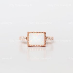 Natural Art Deco Square cut Unique Art deco Emerald Cut Opal and Moissanite Engagement Ring Gift For Women Promise Octagon Anniversary Gif