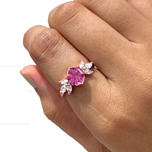 Vintage Hexagon Pink Sapphire Engagement Ring, 14k Rose Gold Sapphire Wedding Ring, Cluster Diamond Promise Ring, September Birthstone, Gift