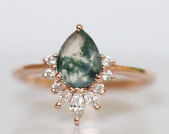 Natural Pear shaped moss agate engagement ring vintage moss agate ring marquise cut moissanite ring green moss ring bridal set Gift For Her