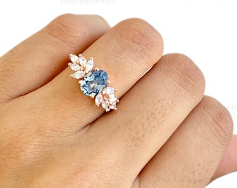 Vintage Aquamarine Ring, Oval Cut Aquamarine Engagement Ring, Marquise Diamond Ring, Promise Ring, March Birthstone Anniversary Gift For Her