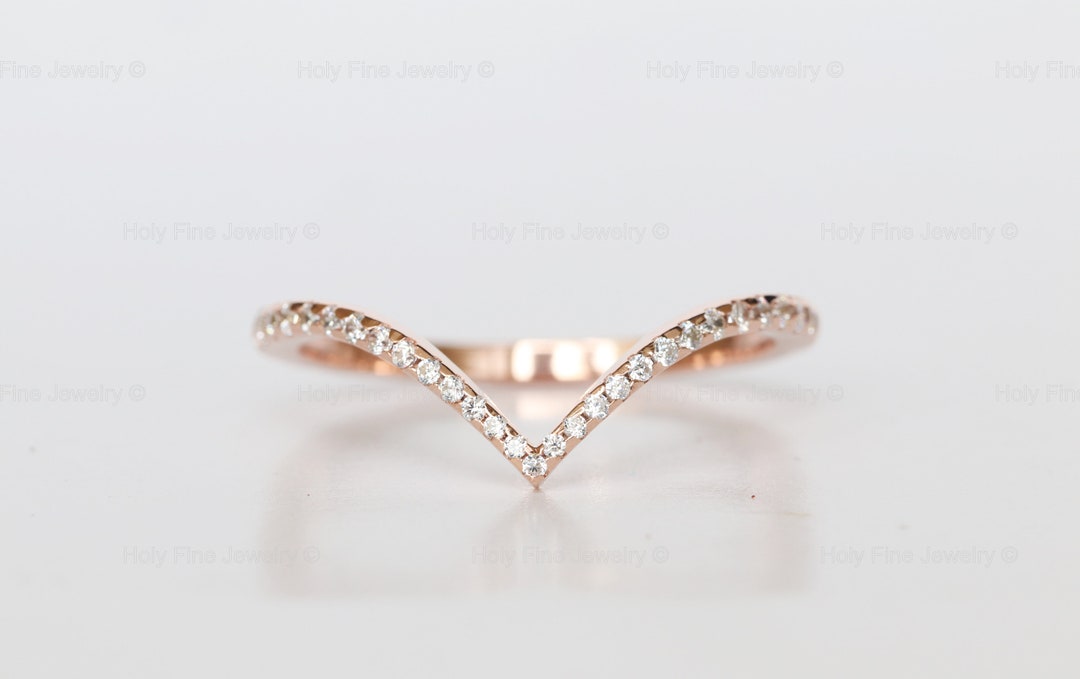 Natural Moissanite V Ring 14k Solid Rose Gold 1mm Stacking Band Ring ...