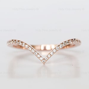 Natural Moissanite V Ring 14k solid rose gold 1mm Stacking Band Ring Chevron Ring Minimalist Ring Wedding Band Geometric Ring in silver