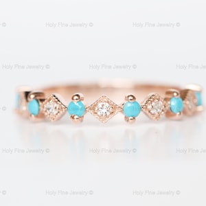 Natural Turquoise and moissanite diamond Ring in 14k rose gold silver Eternity Ring Dainty Turquoise Turquoise Stacking Delicate birthstone