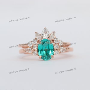 Vintage Oval Paraiba Turmalin Verlobungsring Set, Neon Türkis Teal Paraiba Ehering Set, Versprechen Ring, Oktober Geburtsstein für sie