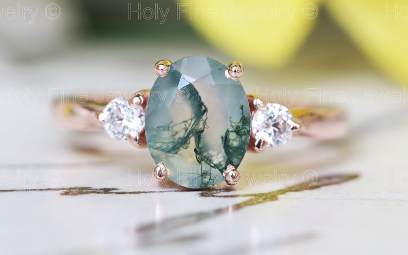 Natural Oval Moss Agate with moissanite engagement Ring Natural Moss Ring 14k White Gold Gift For Her Green Moss gemstone three stone ring image 5