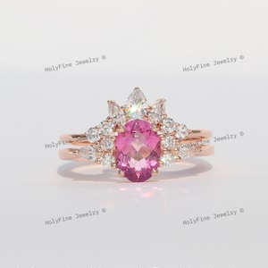 Vintage Oval Rosa Saphir Verlobungsring Set, Rosa Edelstein, Saphir Hochzeit Ring Set, Versprechen Ring für Frauen, Jahrestag Geschenk für sie