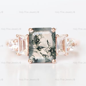 Natural Moss Agate Engagement Ring Emerald Cut Solid 14K Yellow Gold Vintage Moissanite five stone Ring for Women Bridal Anniversary Gift