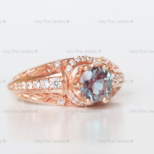 Natural Vintage Alexandrite and Diamond Engagement Anniversary ring 14k shops rose gold June Birthstone Art Deco Promise Ring Color Changing Stone