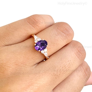 Genuine Amethyst Ring, Natural Oval Amethyst Engagement Ring, Diamond Cluster Promise Ring, February Birthstone, Anniversary Gift For Her