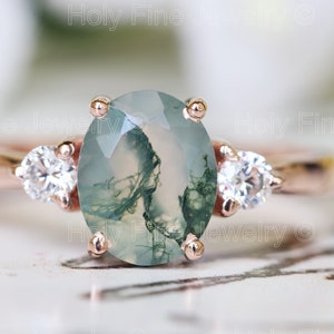 Natural Oval Moss Agate with moissanite engagement Ring Natural Moss Ring 14k White Gold Gift For Her Green Moss gemstone three stone ring image 3