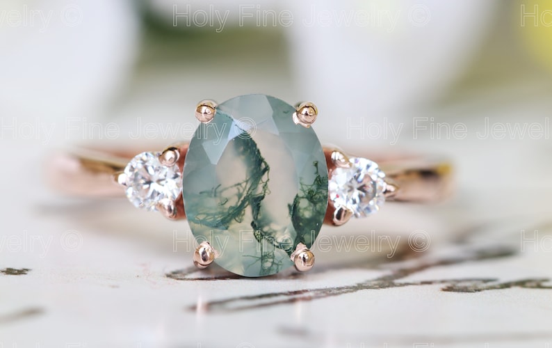 Natural Oval Moss Agate with moissanite engagement Ring Natural Moss Ring 14k White Gold Gift For Her Green Moss gemstone three stone ring image 3