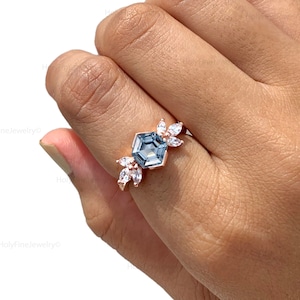 Vintage Hexagon Aquamarine Engagement Ring, Unique Aquamarine Wedding Ring, Dainty Promise Ring, March Birthstone, Anniversary Gift For Her
