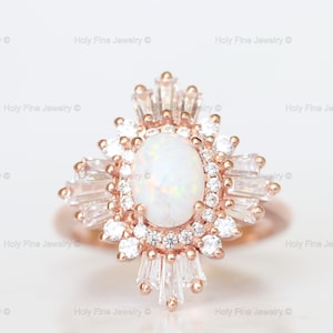 Natural Vintage Opal Engagement ring Art deco Oval cut Unique Diamond engagement ring 14k rose gold Halo Multi Baguette Bridal Anniversary