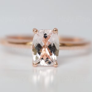 Natural Morganite Ring, Morganite Engagement Ring, Gold Morganite Ring, Elongated Cushion Cut Engagement Ring, Solitaire Morganite Ring