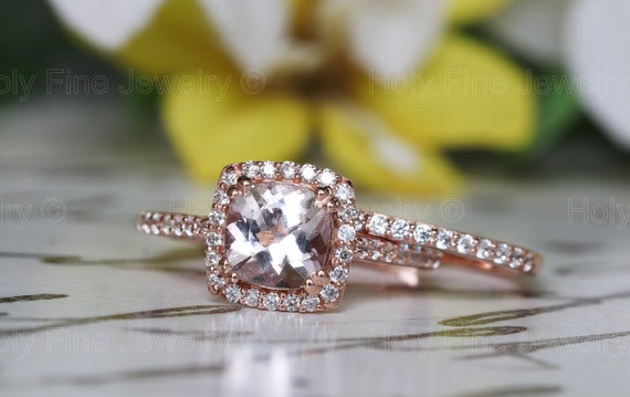 Natural 2pcs Cushion Cut Morganite Engagement Ring Set in Silver