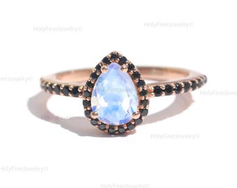 Natural Pear Shape Moonstone Engagement Ring, Vintage Moonstone Diamond Wedding Ring, Dainty Promise Ring for Women, Unique Birthday Gifts