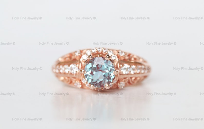 Natural Vintage Alexandrite and Diamond Engagement Anniversary ring 14k shops rose gold June Birthstone Art Deco Promise Ring Color Changing Stone