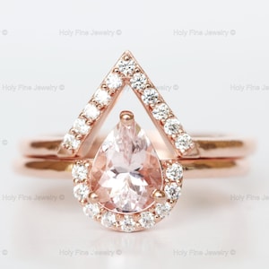 Natural Pear shape Pink Morganite Engagement Ring set 14K Rose Gold  Ring Set Teardrop Morganite Ring promise bridal wedding gift birthstone