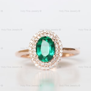 Natural Oval cut Emerald with moissanite double halo Engagement Ring Unique Emerald Promise Ring May Birthstone Emerald Anniversary Ring