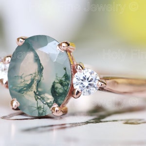 Natural Oval Moss Agate with moissanite engagement Ring Natural Moss Ring 14k White Gold Gift For Her Green Moss gemstone three stone ring image 6