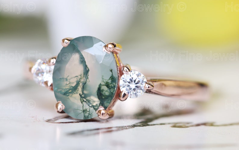 Natural Oval Moss Agate with moissanite engagement Ring Natural Moss Ring 14k White Gold Gift For Her Green Moss gemstone three stone ring image 6