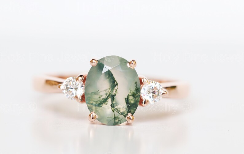 Natural Oval Moss Agate with moissanite engagement Ring Natural Moss Ring 14k White Gold Gift For Her Green Moss gemstone three stone ring image 7