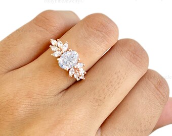 Anillo de compromiso de moissanita ovalada, anillo vintage único de oro rosa, anillo de diamantes en racimo de talla marquesa, regalo de aniversario de bodas para ella.