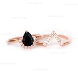 Natural Teardrop Black Onyx Promise Ring For Women, Vintage Pear Black Onyx Engagement Ring Set, Black Diamond Bridal Ring Set, Gift For Her