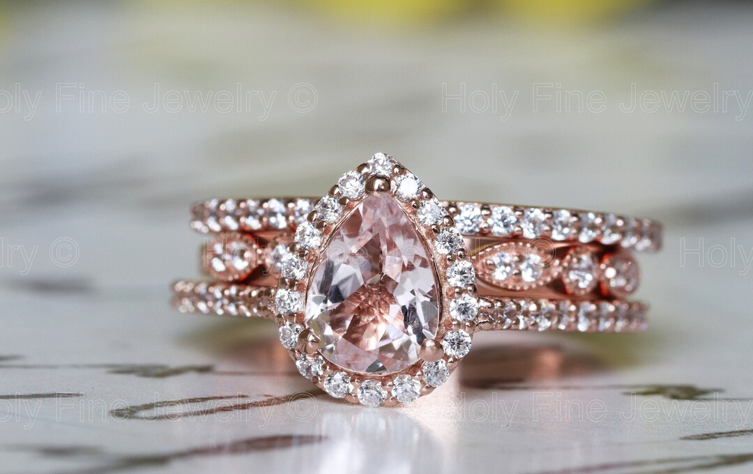 Natural Pear Shaped Morganite 3 Pcs Engagement Ring Set Rose Gold Halo ...