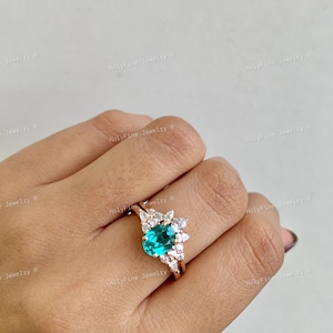Oval Paraiba Turmalin Verlobungsring Set, Neon Türkis Teal Paraiba Hochzeitsring, Versprechen Ring, Oktober Birthstone Jubiläumsgeschenk