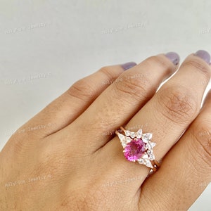 Unique Oval Pink Sapphire Engagement Ring Set, Pink Gemstone, Art Deco Sapphire Wedding Ring Set, Promise Ring, Anniversary Gift For Her