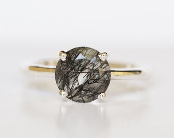 Natural Round Shaped Black rutilated quartz ring Alternative engagement ringUnique gemstone Tourmalinated Quartz Black Rutile Solitaire ring