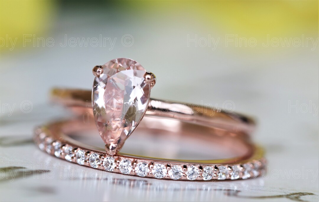 Natural Pear Shape Pink Morganite Engagement Ring Set 14K Rose