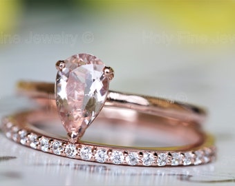 Natural Pear shape Pink Morganite Engagement Ring set 14K Rose Gold  Ring Set Teardrop Morganite Ring promise bridal wedding gift birthstone