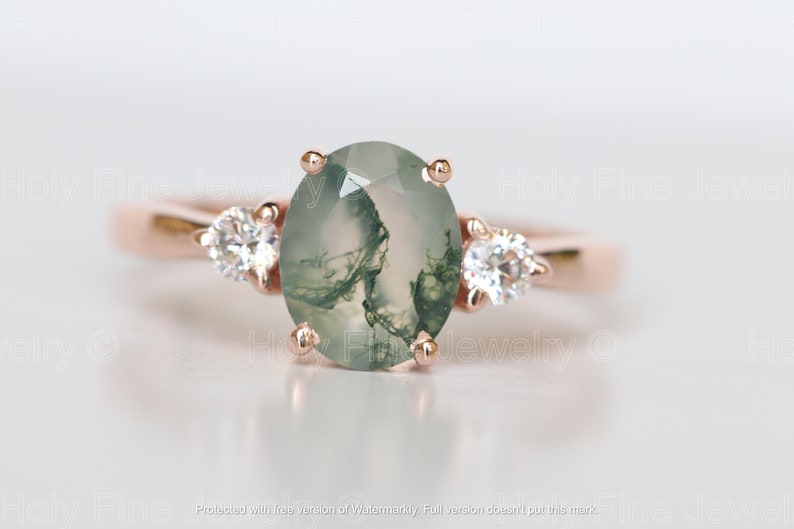 Natural Oval Moss Agate with moissanite engagement Ring Natural Moss Ring 14k White Gold Gift For Her Green Moss gemstone three stone ring image 1
