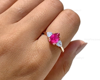 14k Rose Gold Pear Shaped Ruby Engagement Ring, Vintage Ruby Wedding Ring, Dainty Promise Ring For Women, July Birthstone, Anniversary Gifts