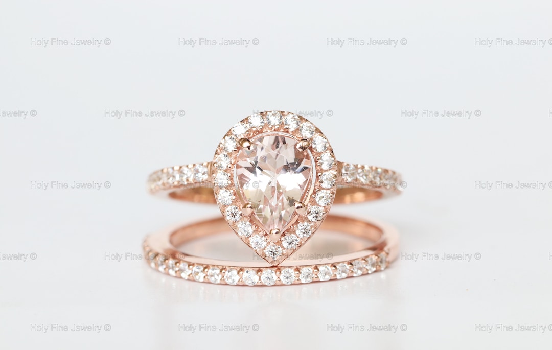 Natural Pear Cut Pink Morganite Halo Engagement Ring Set 14K Rose Gold ...